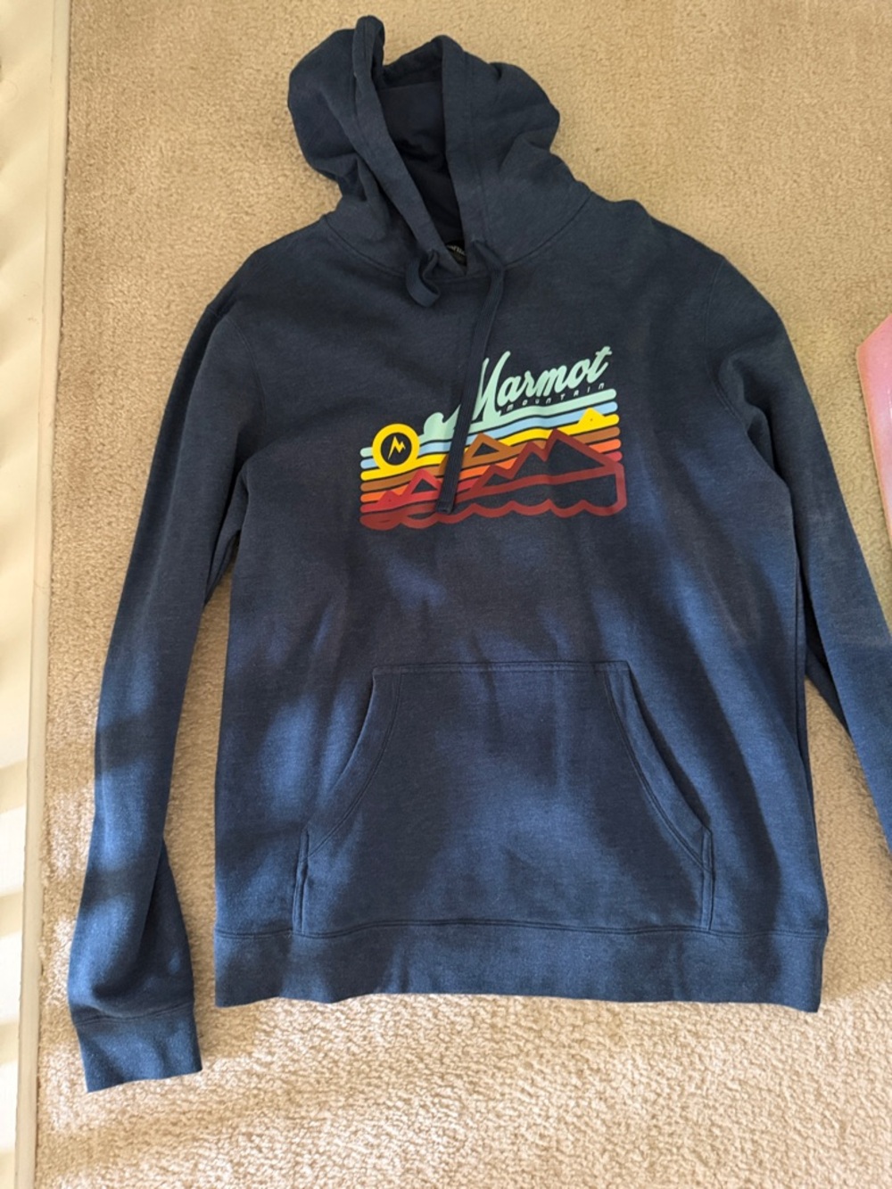 Marmot Navy Hoodie with Retro Sunset Graphic